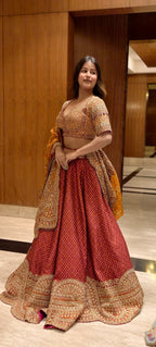 Shop Maroon Bandhani Lehenga with Heavy Embroidery Dupatta Online