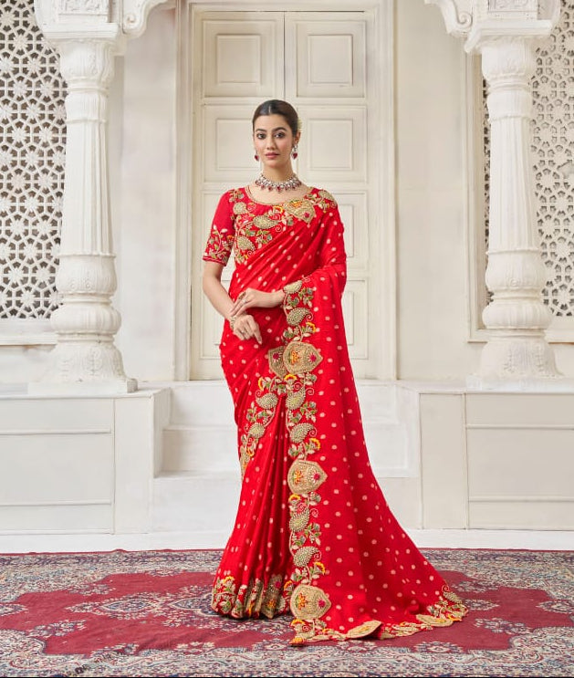 Royal Crimson Hand-Embroidered Silk Saree Main image