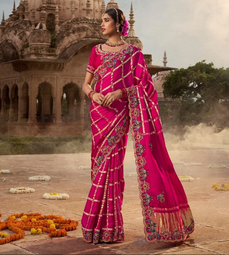 Grid Silk Saree with Scalloped Zardosi Border Main image