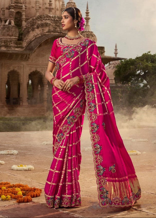Grid Silk Saree with Scalloped Zardosi Border Main image
