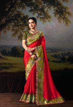 Sage Contrast Border Silk Saree with Floral Art