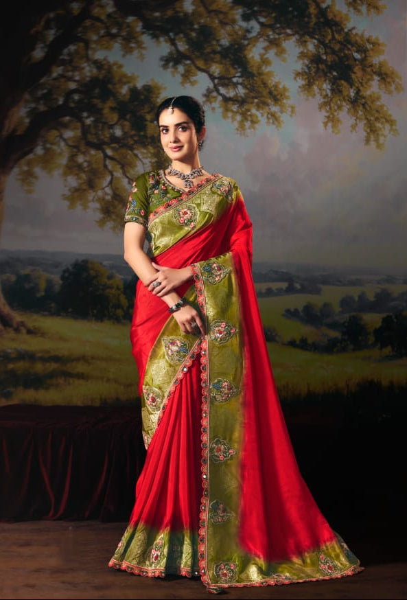 Sage Contrast Border Silk Saree with Floral Art