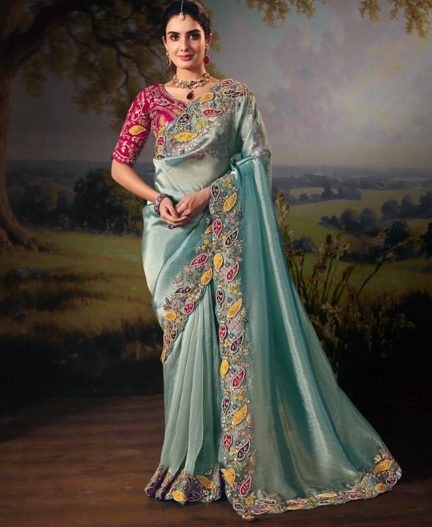 Metallic Organza Saree with Magenta Contrast Main image