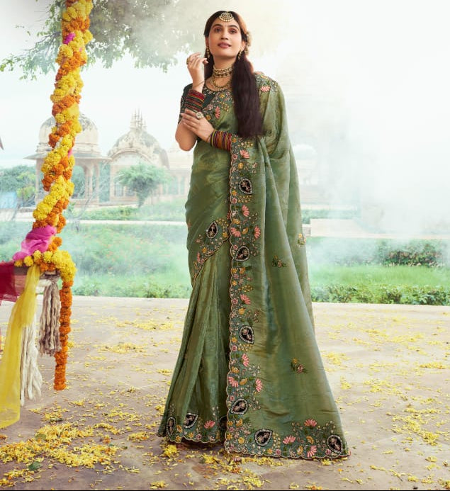 Sage Embroidered Organza Saree Main image