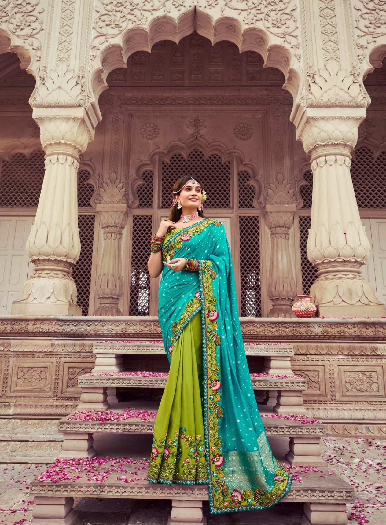 Regal Fusion Teal-Green Designer Silk Saree Main image
