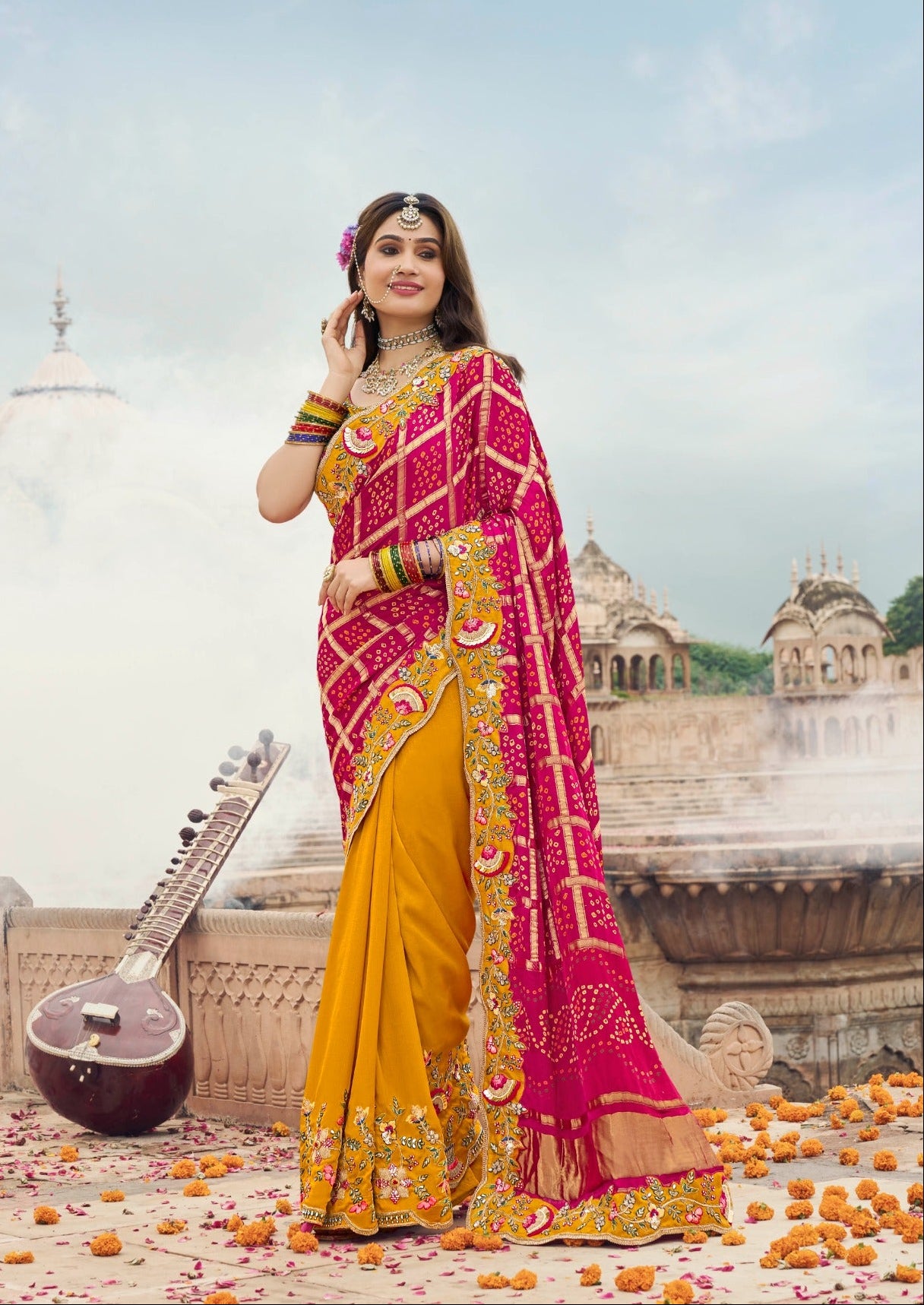 Bandhani-Grid Embroidered Designer Saree Main image