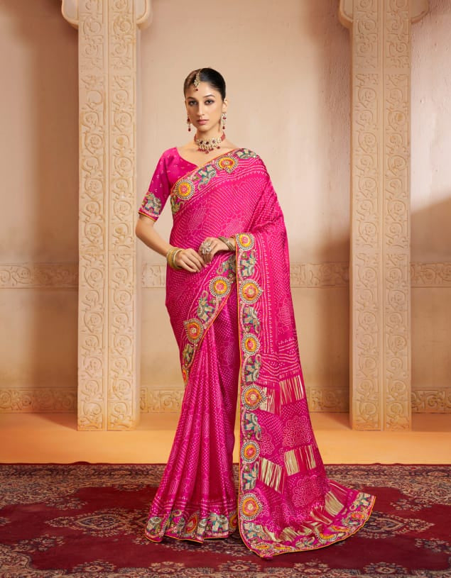 Fuchsia Bandhani Silk Saree with Pichwai Border Main image