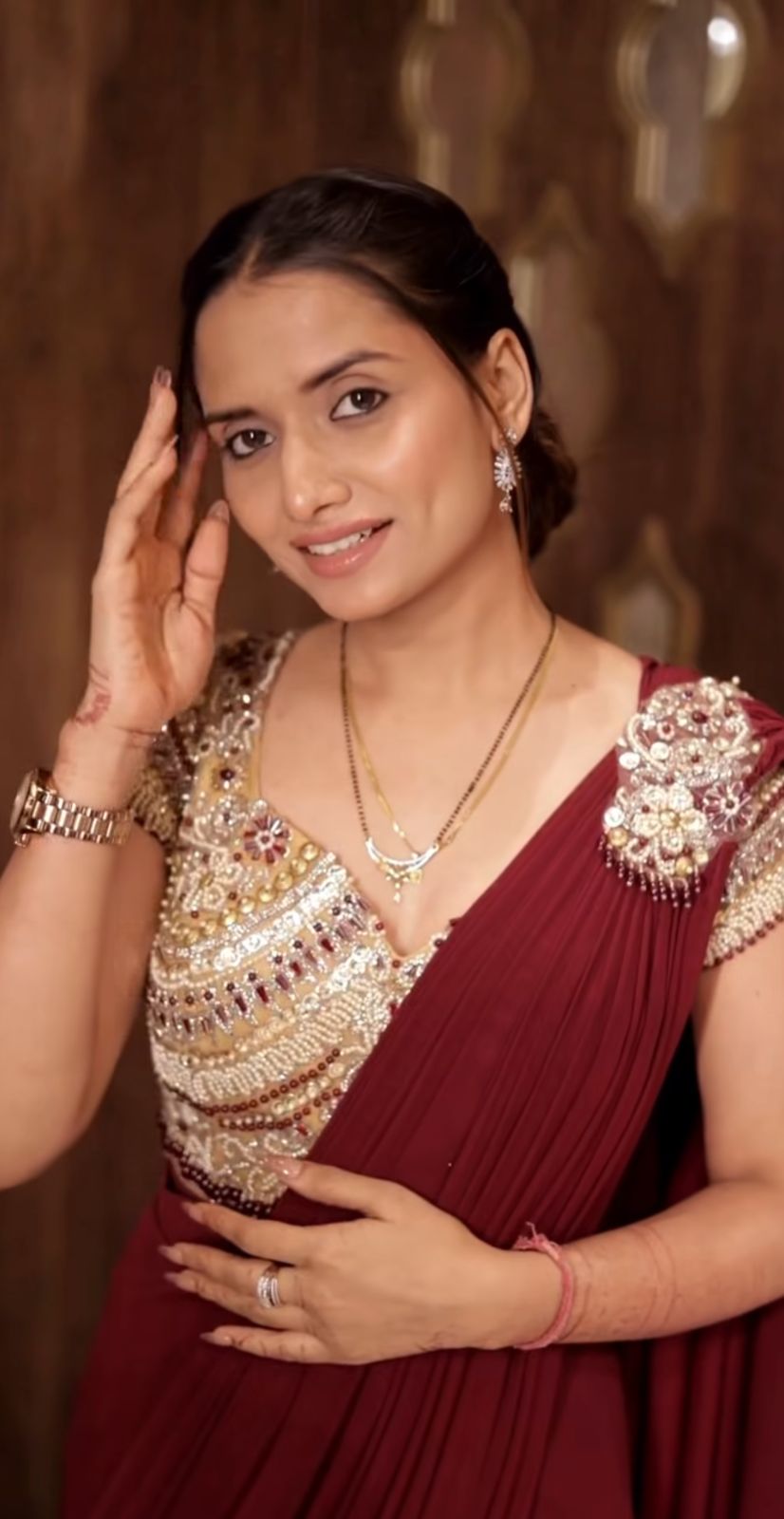 Wine Radiance: Modern Pre-Draped Saree