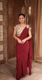 Wine Radiance: Modern Pre-Draped Saree