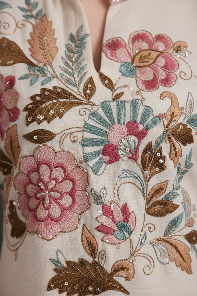 Floral Ivory Silk Kurta Set