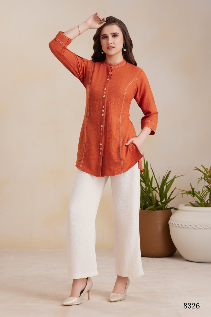 buy Stylish Burnt Orange Tunic Co-ord Set with Wide-Leg Trousers