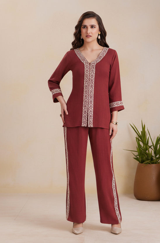 buy Chic Rust Tunic & Trouser Set with Geometric Tribal Embroidery