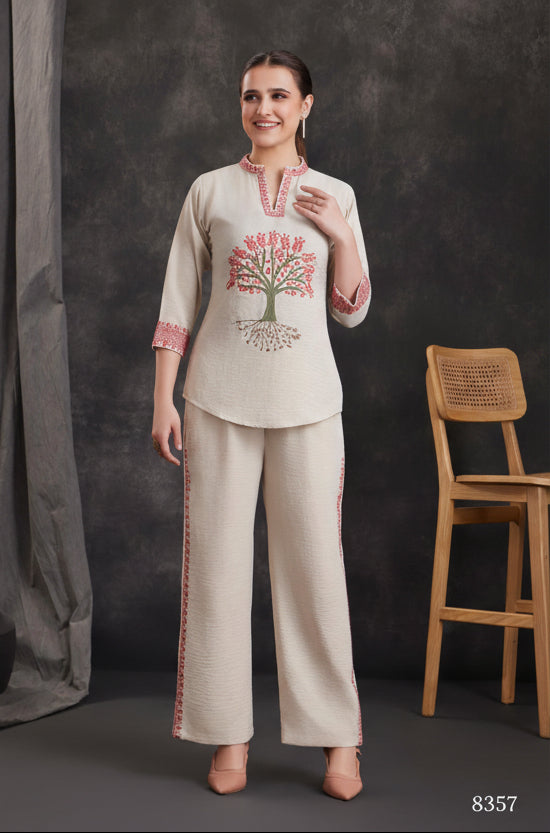 buy Elegant Cotton Oat Beige Co-ord Set with Artistic Threadwork