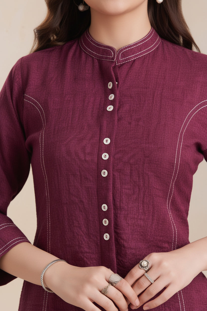 Wine Textured Mandarian Tunic Set