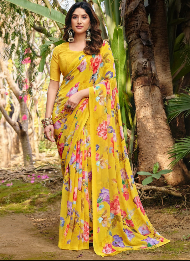 Yellow floral Summer Georgette Saree