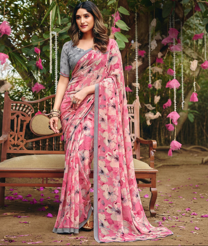 Pink Grey combo Summer Georgette Saree