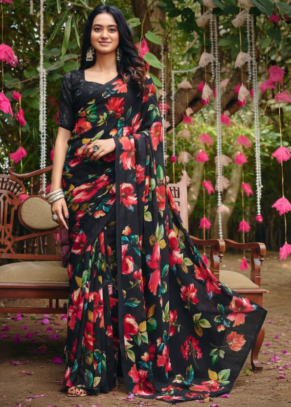 Black floral Summer Georgette Saree Main image