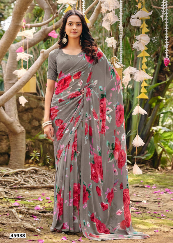 Grey flower Summer Georgette Saree