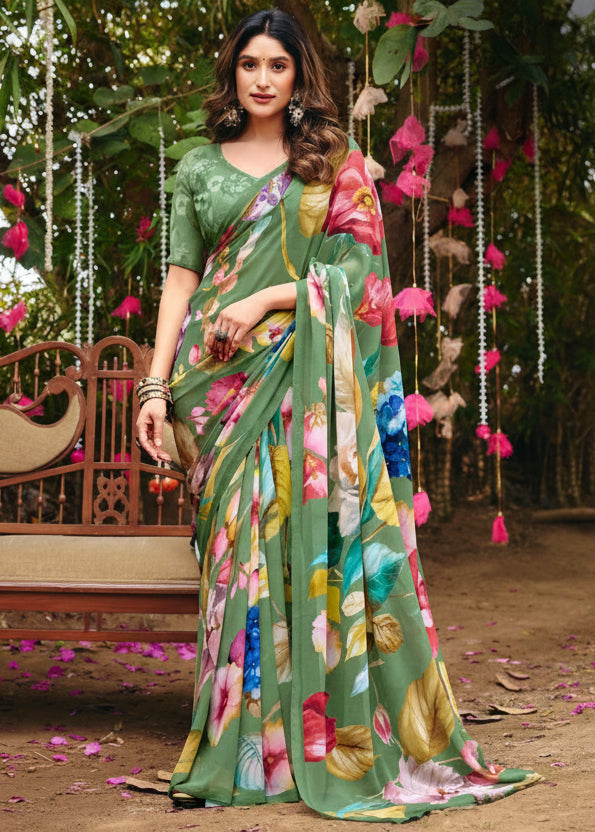 Green forest Summer Georgette Saree