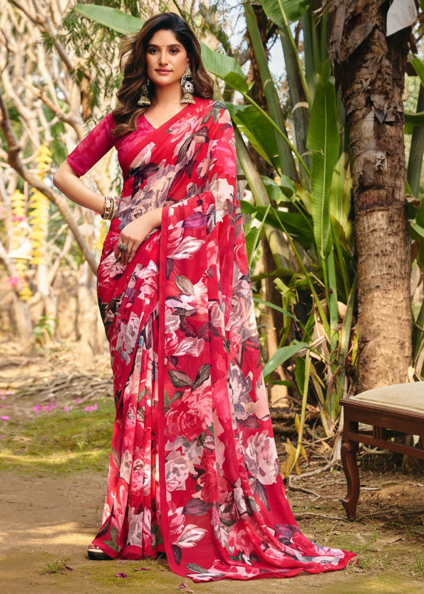 Red flowery Summer Georgette Saree Main image