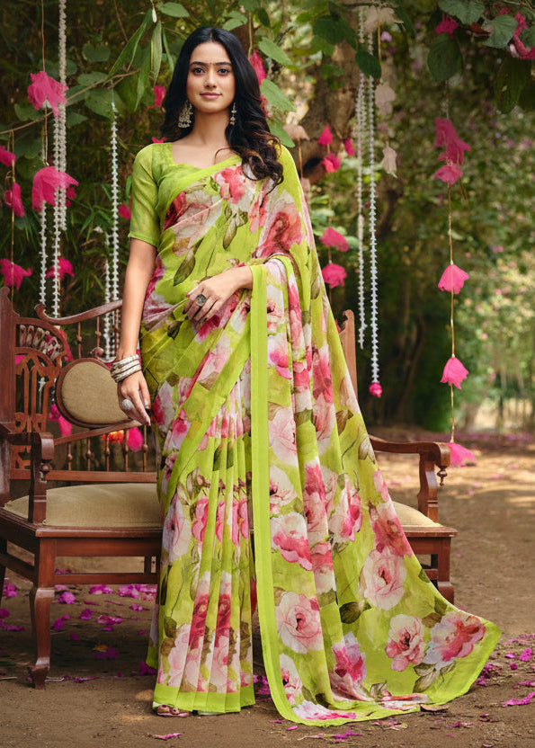 Lemon green Summer Georgette Saree Main image