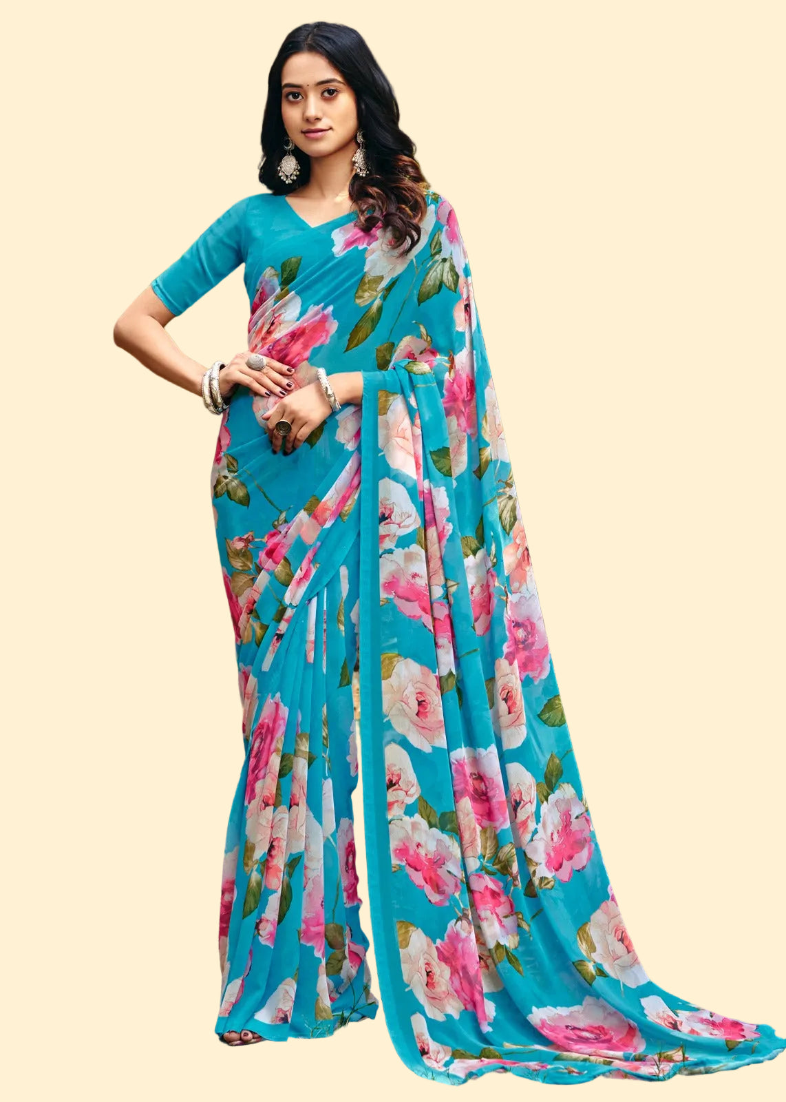 Blue Pink floral Georgette Saree