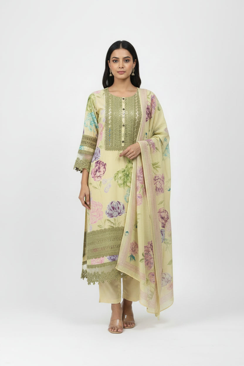 Floral Printed Suit with Olive Lace Accents