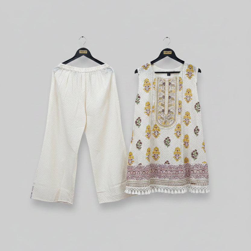 Ivory Floral Print Tunic & Palazzo Set