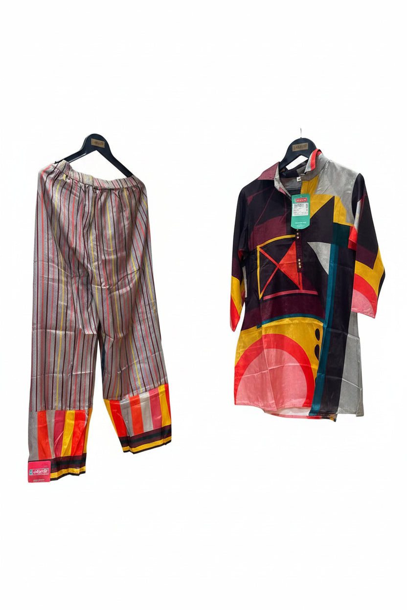 Multicolored Geometric Shirt and Striped Palazzo Set