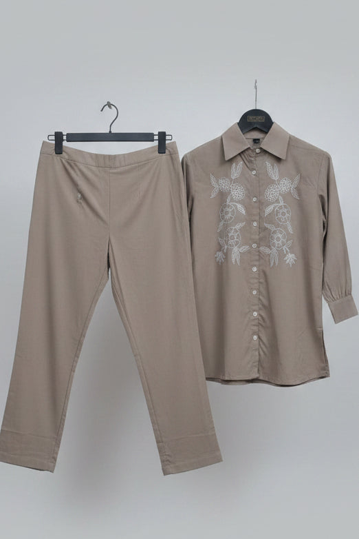 Floral-Embroidered Shirt & Trouser Set