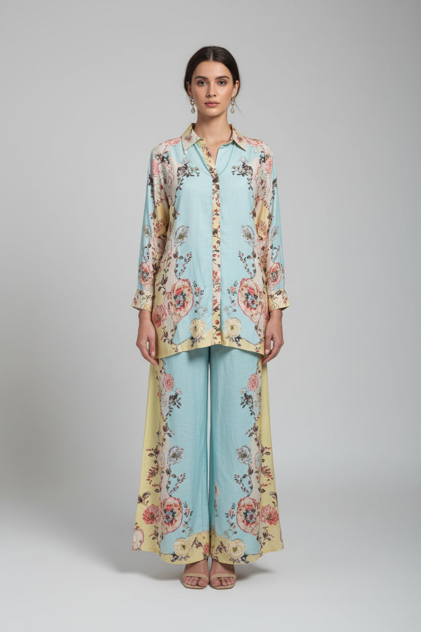 Sky Blue Pastel Floral Printed Co-ord Set
