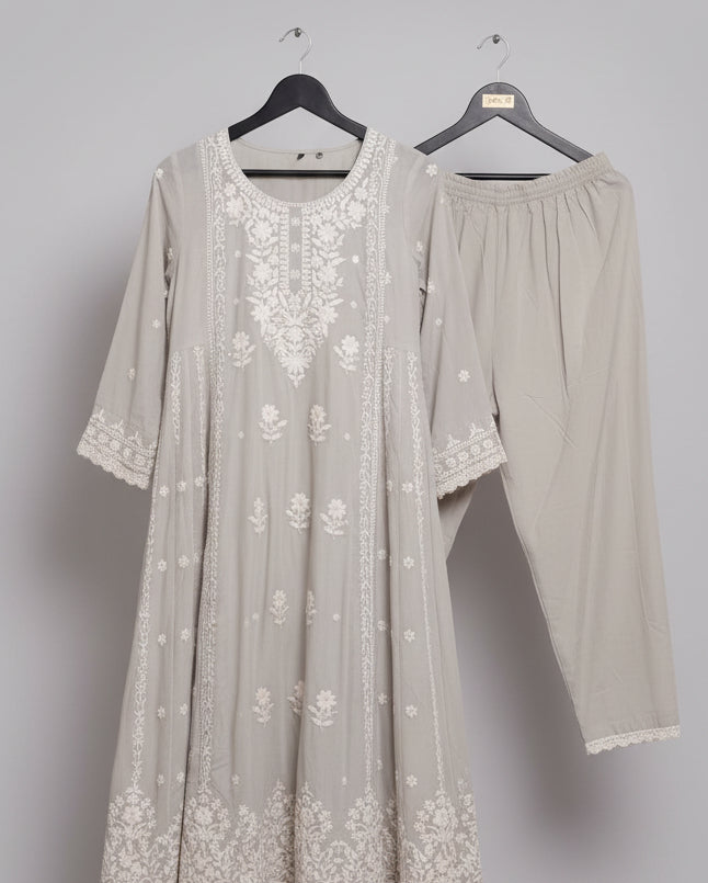 Steel Grey Hand-Embroidered Suit Set