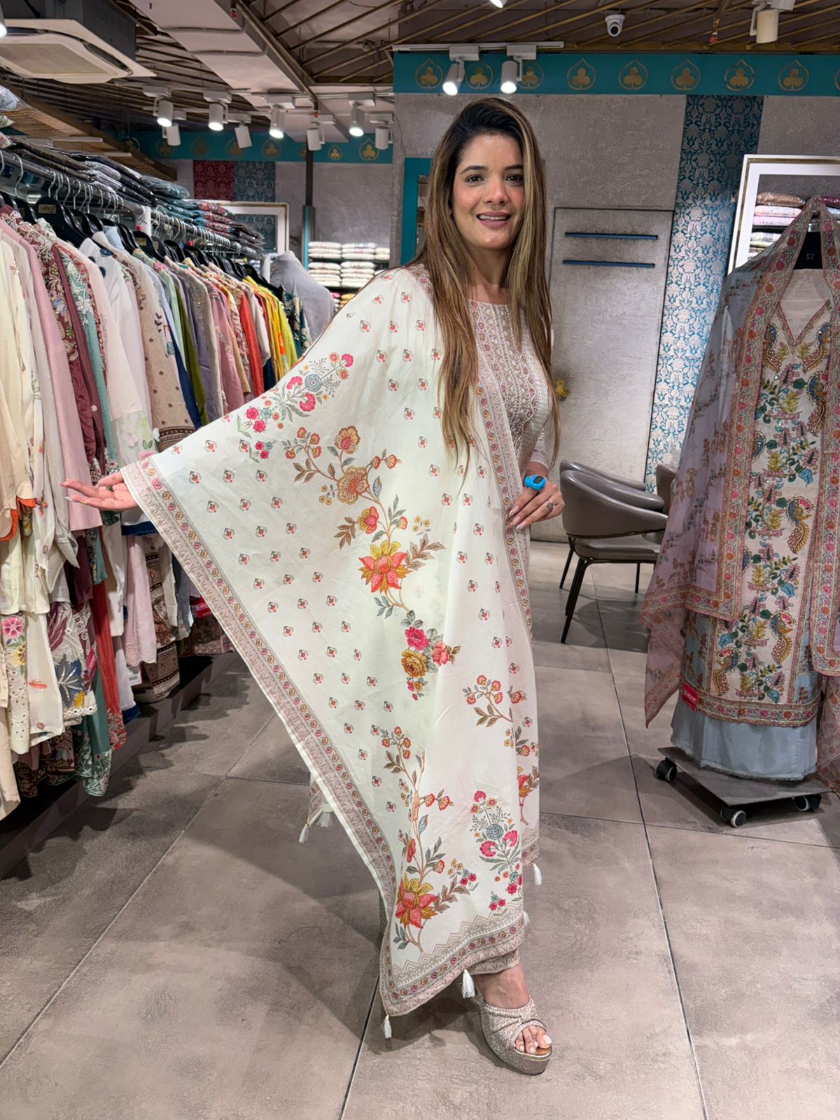 Ivory Elegance Floral Printed Suit Set