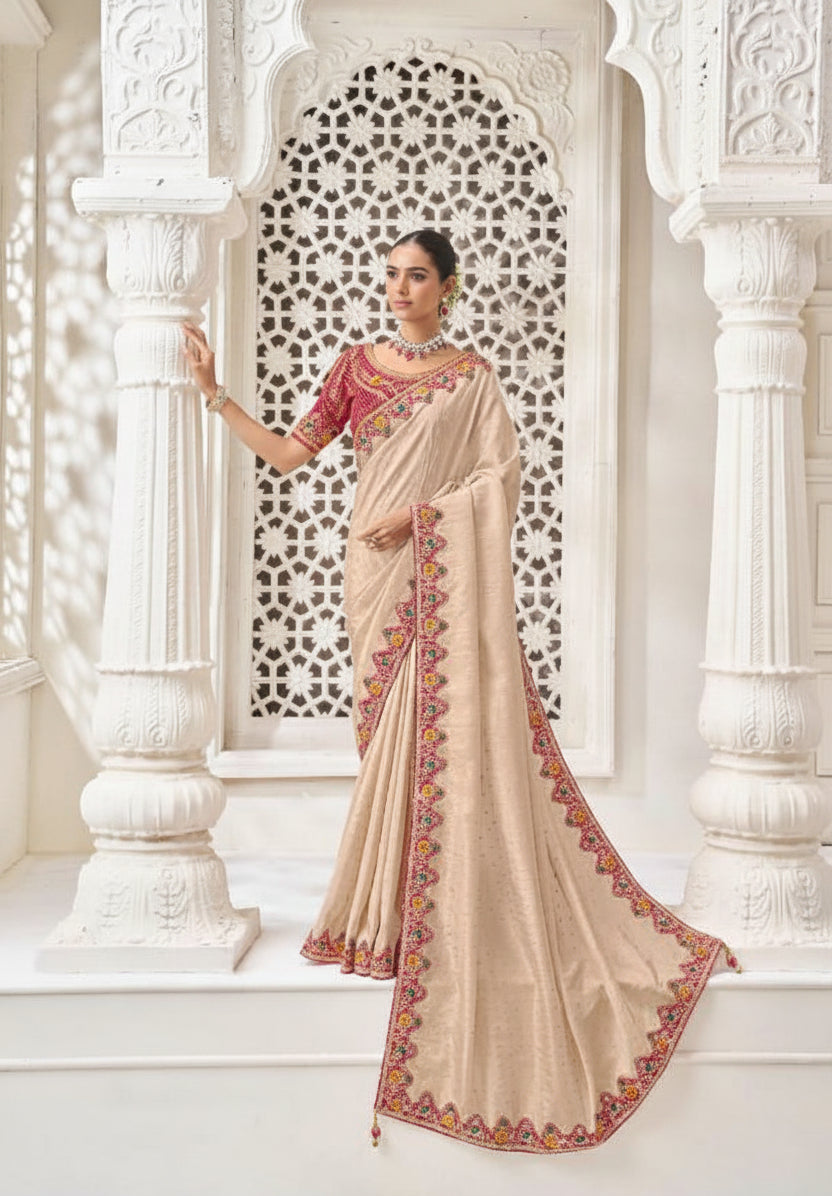 Embroidered Champagne Silk Saree Main image