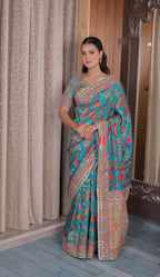 Vibrant Turquoise Floral Paithani-Style Silk Saree