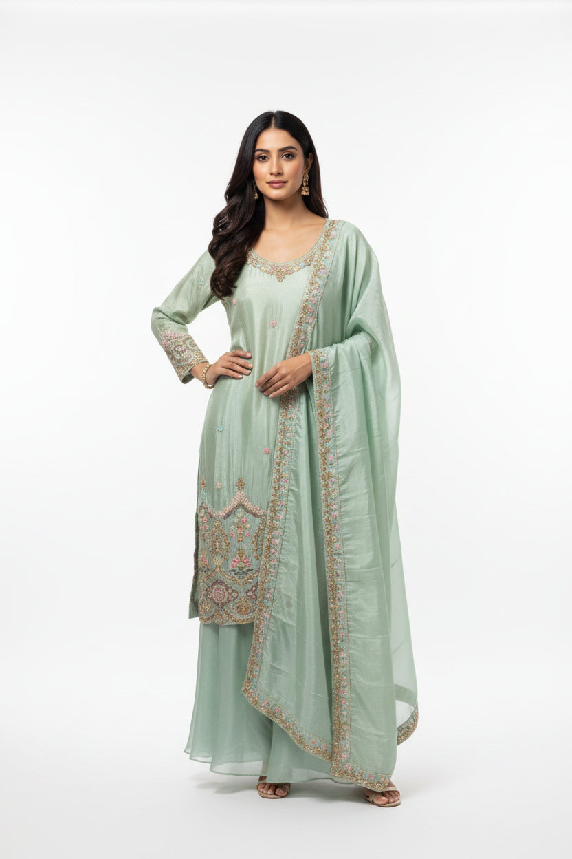 Seafoam Green Silk Kurta Palazzo Set Main image