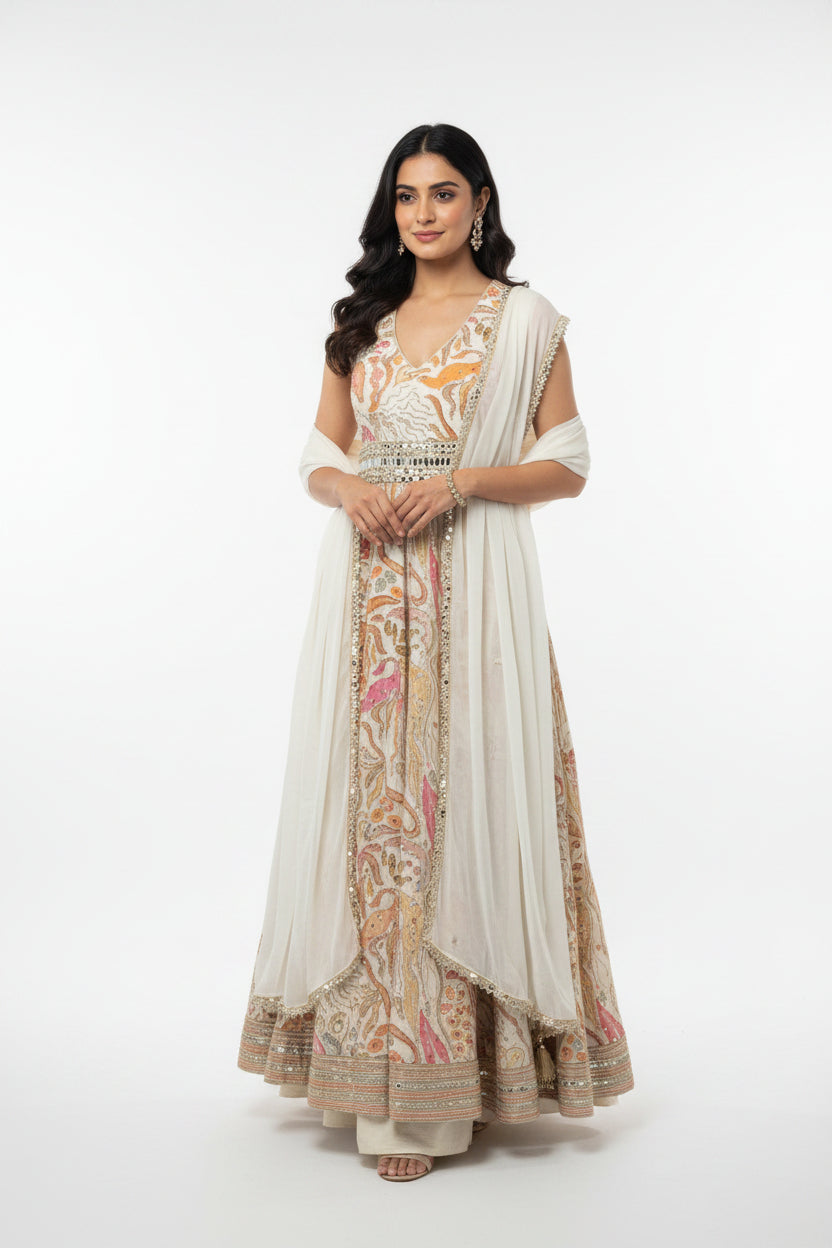 Ivory Printed Anarkali-Style Gown Main image