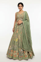 Sage Flora: Hand-Embroidered Silk Lehenga Set