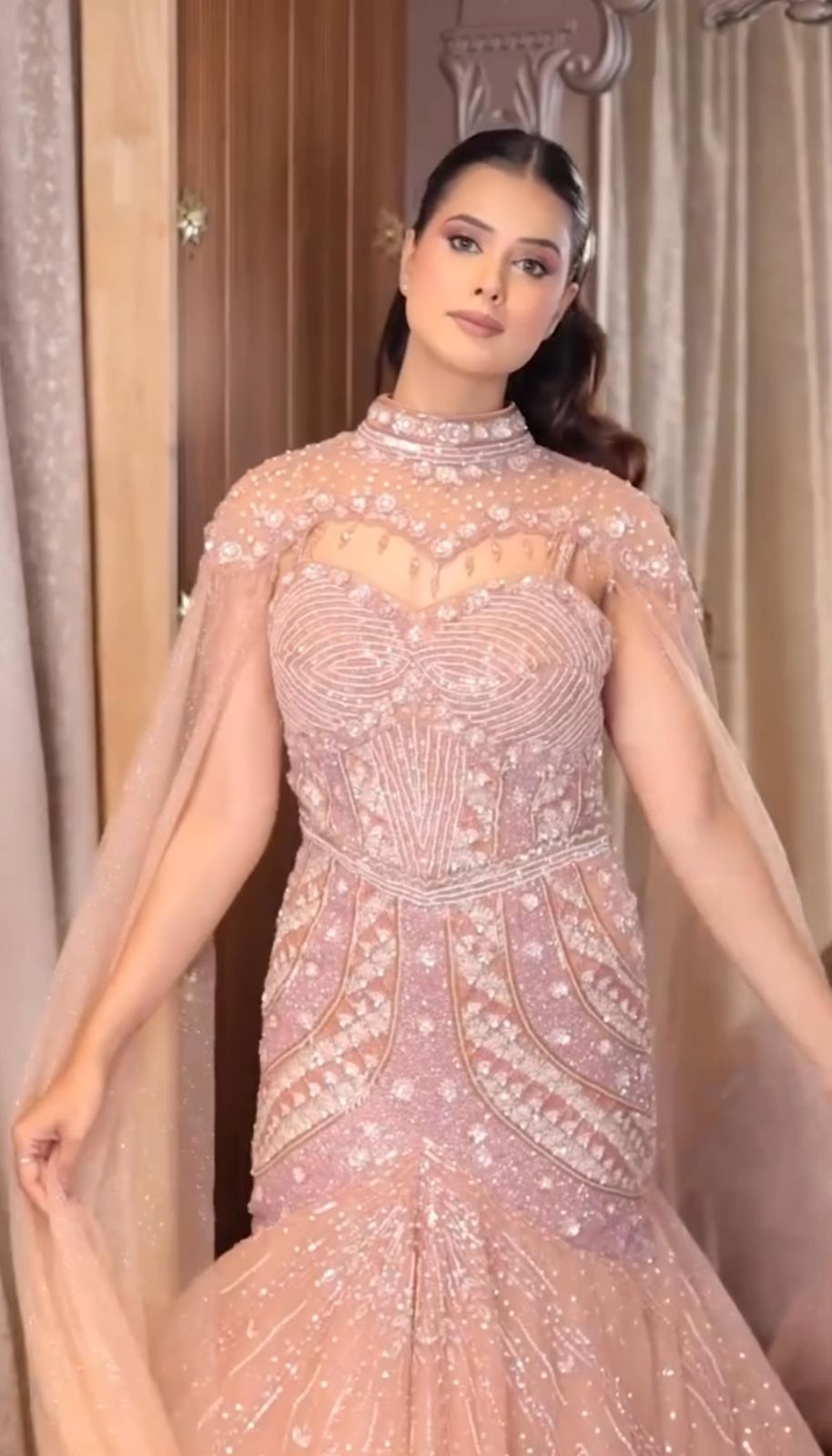 Pearl-Embellished Mermaid Gown with Cape