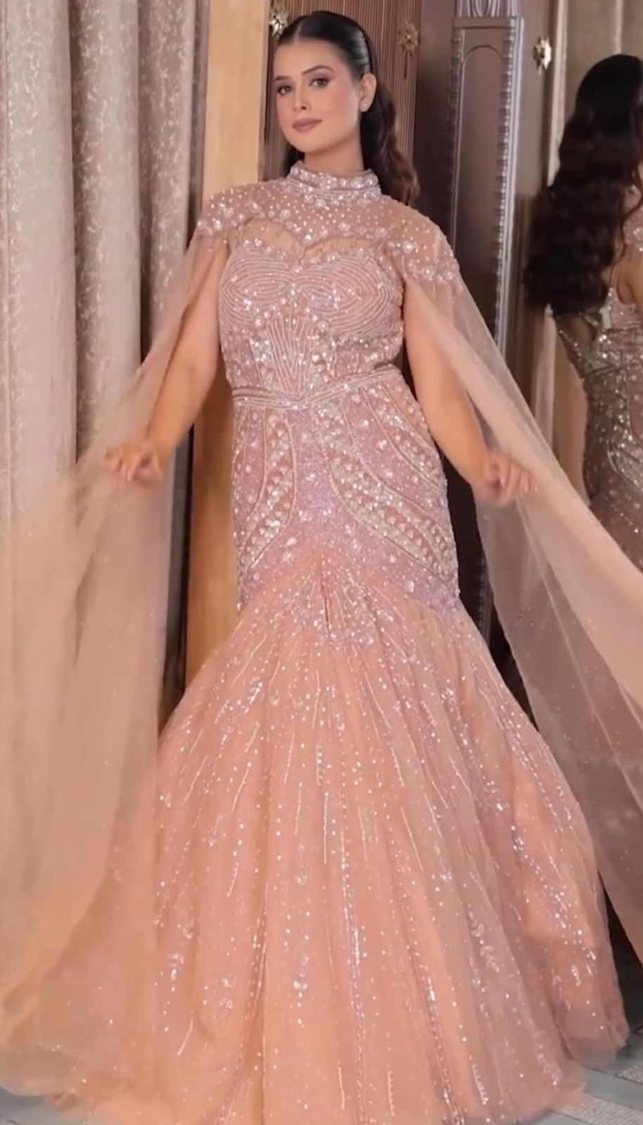 Pearl-Embellished Mermaid Gown with Cape Main image