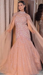 Pearl-Embellished Mermaid Gown with Cape