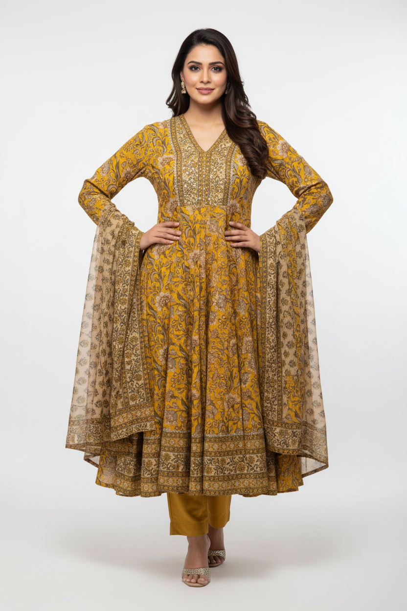 Radiant Mustard Floral Anarkali Set Main image