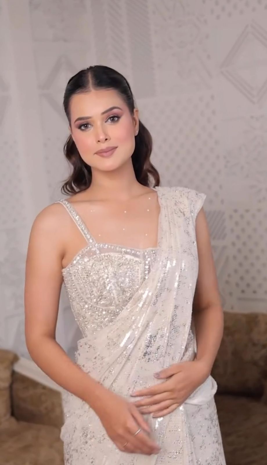 Ivory Sequin-Encrusted Pre-Draped Saree