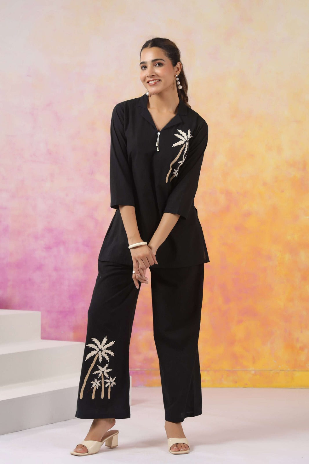 Midnight Onyx Palm Embroidered Co-ord Set