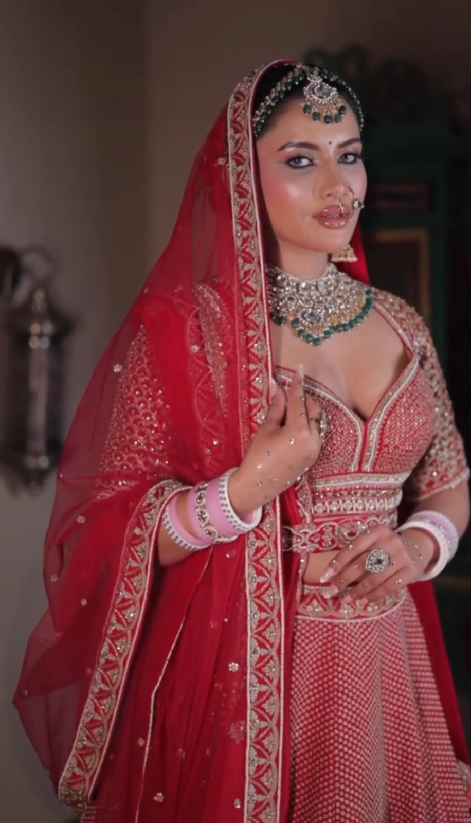 Crimson Red Hand-Embroidered Bridal Lehenga