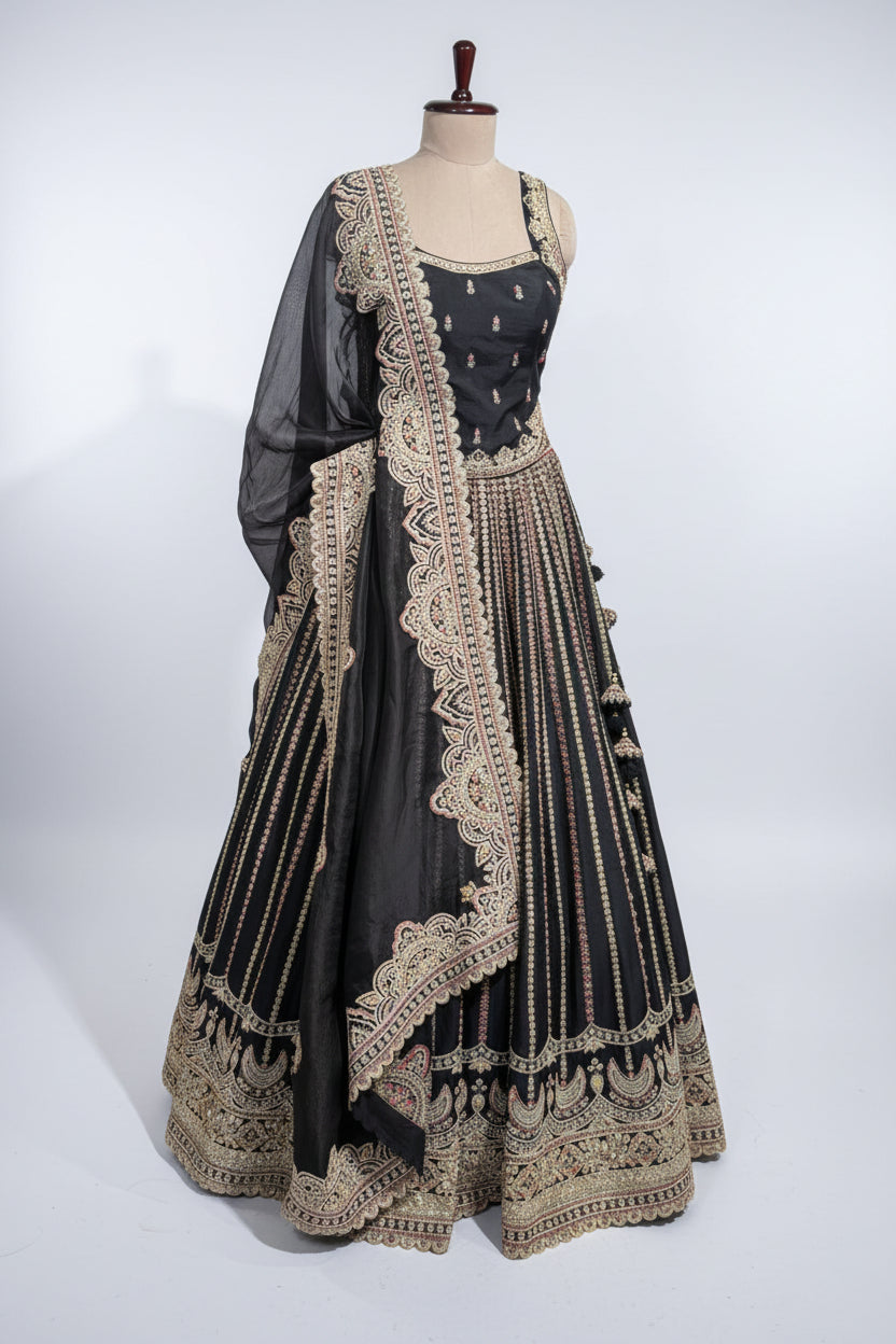 Regal Black and Gold Embroidered Lehenga Choli Main image