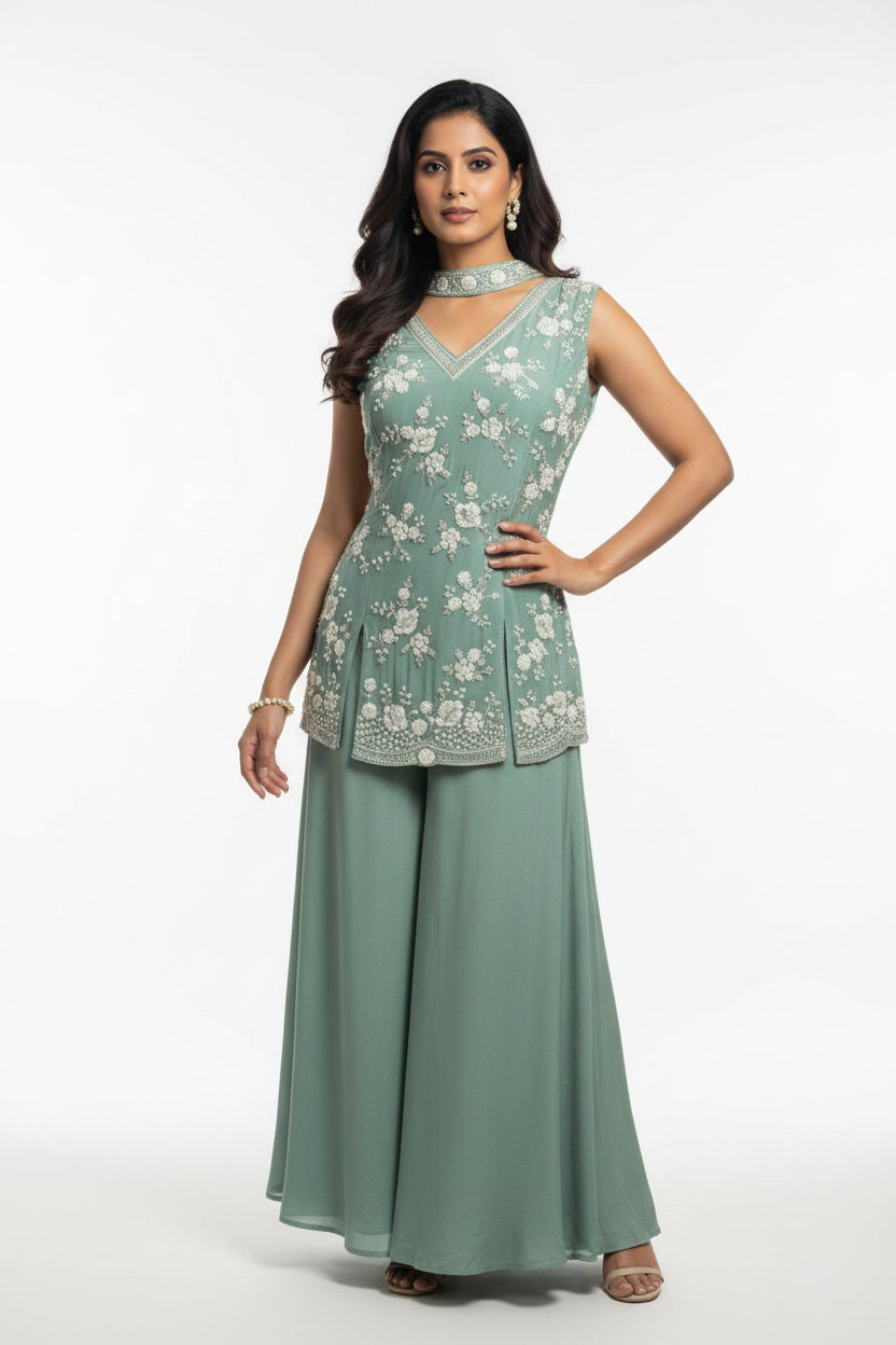 Sage Green Embroidered Sharara Set