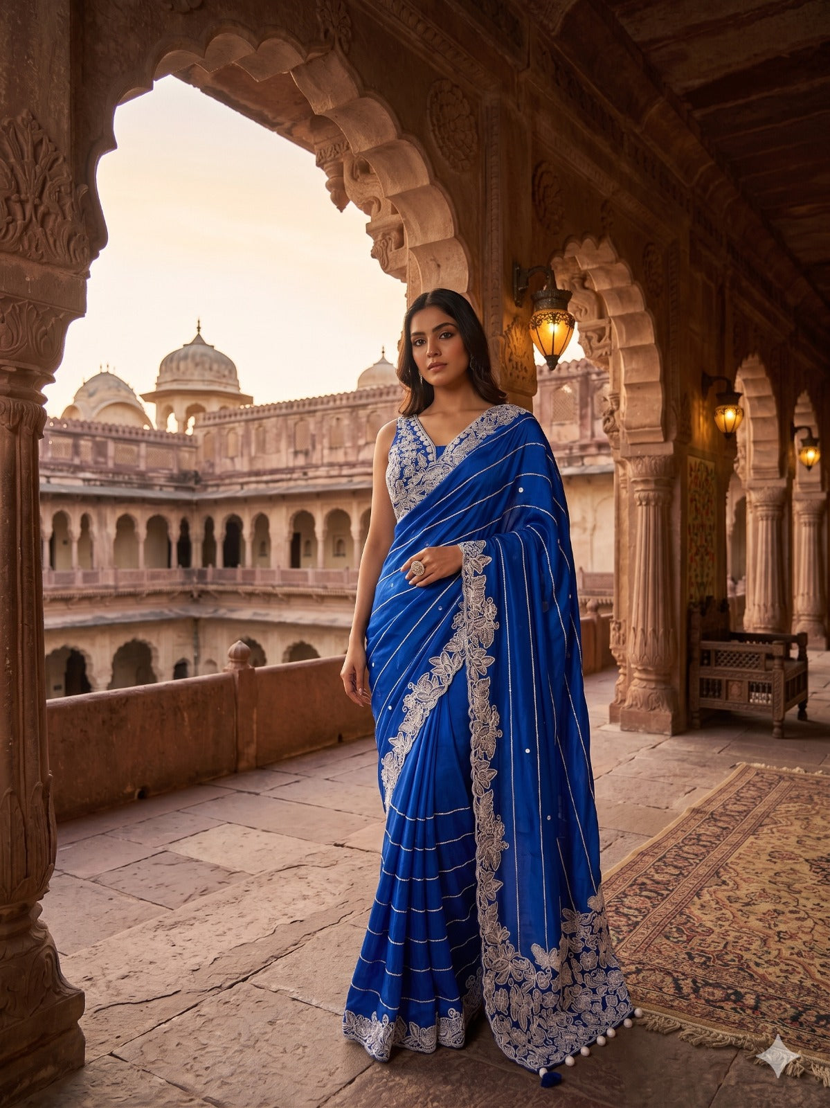 Royal Blue Silk Saree with Silver Gota Lines Main image