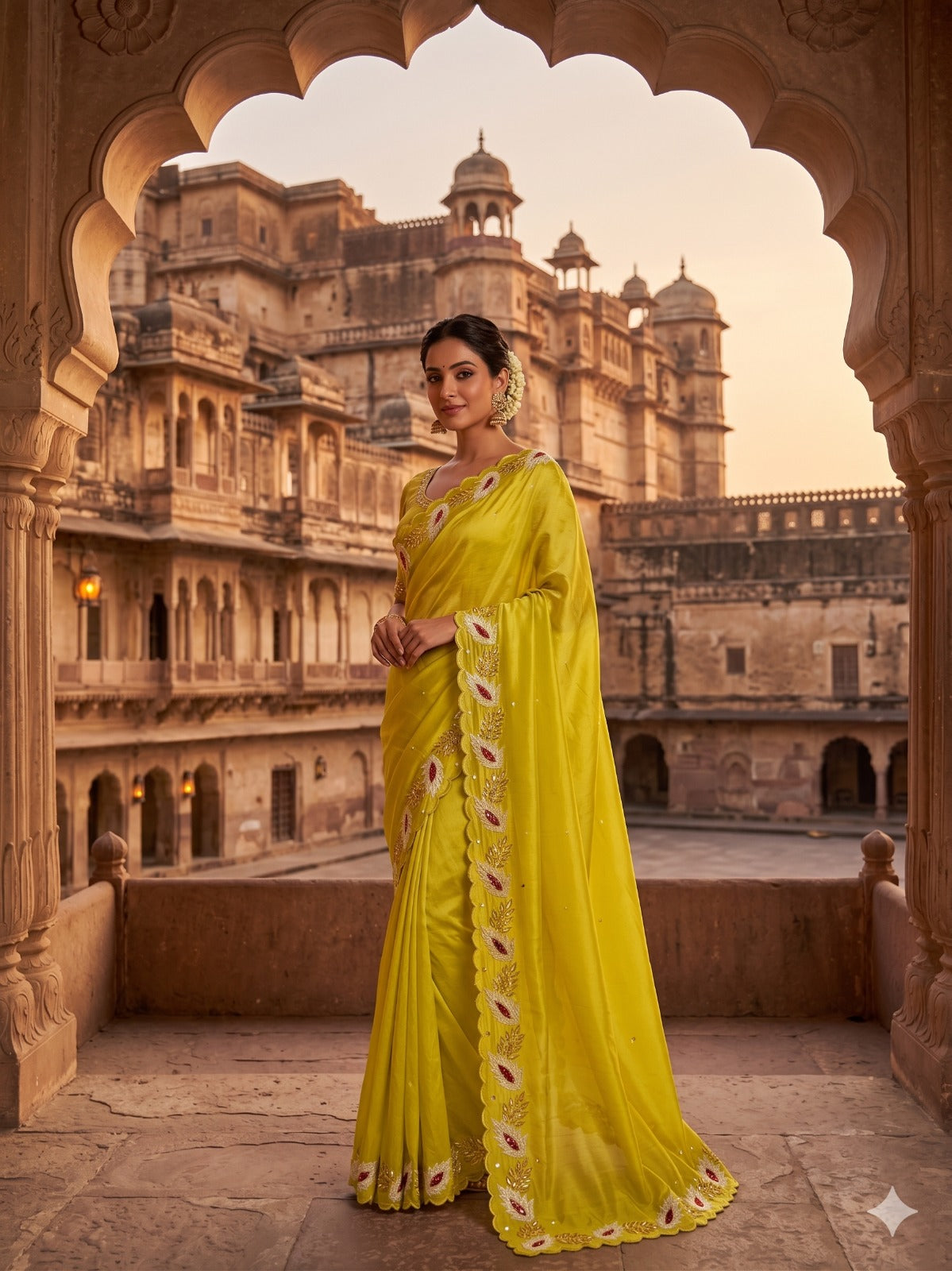 Lime Yellow Pearl Silk Saree Main image