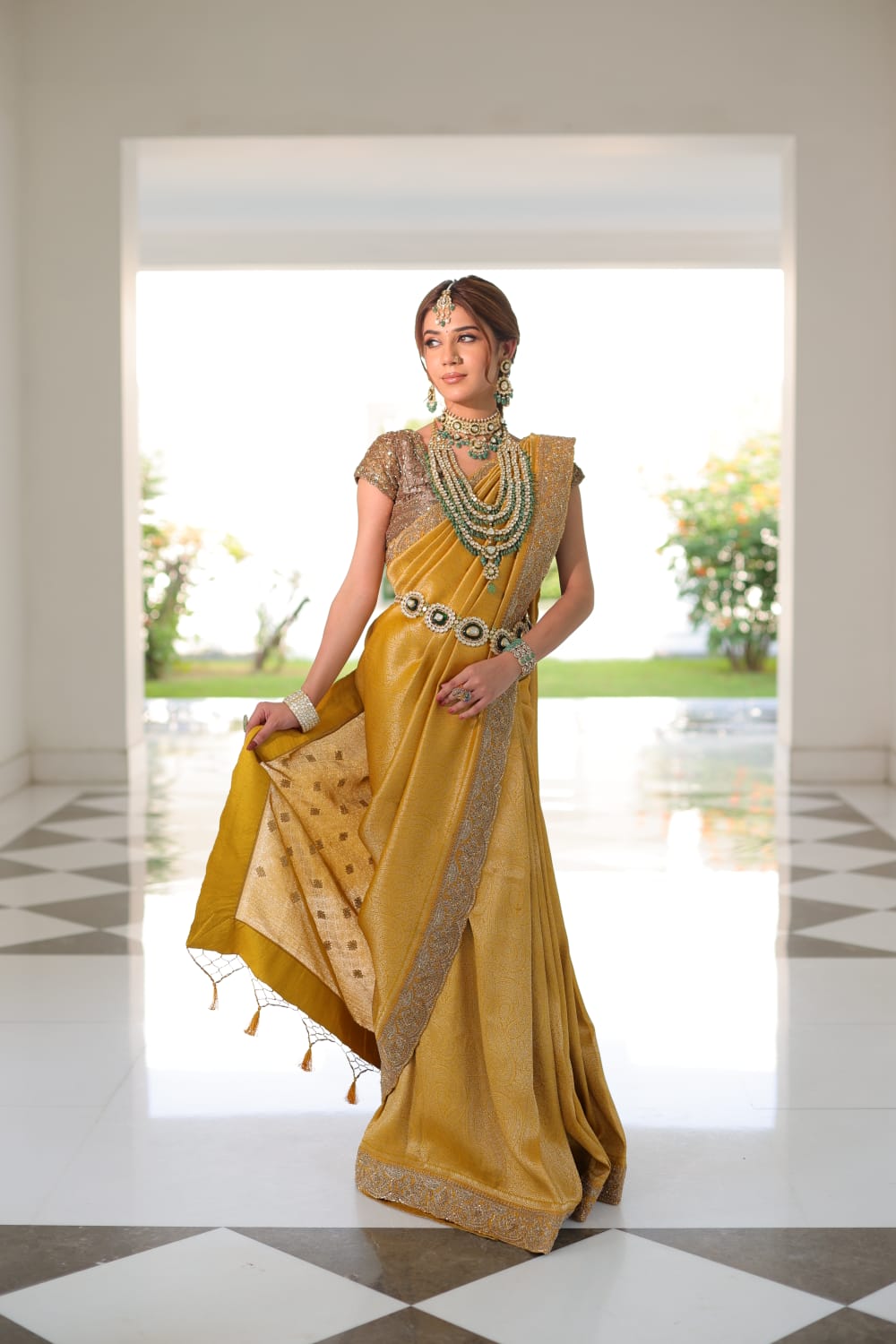 Heavily Embellished Regal Gold Silk Saree